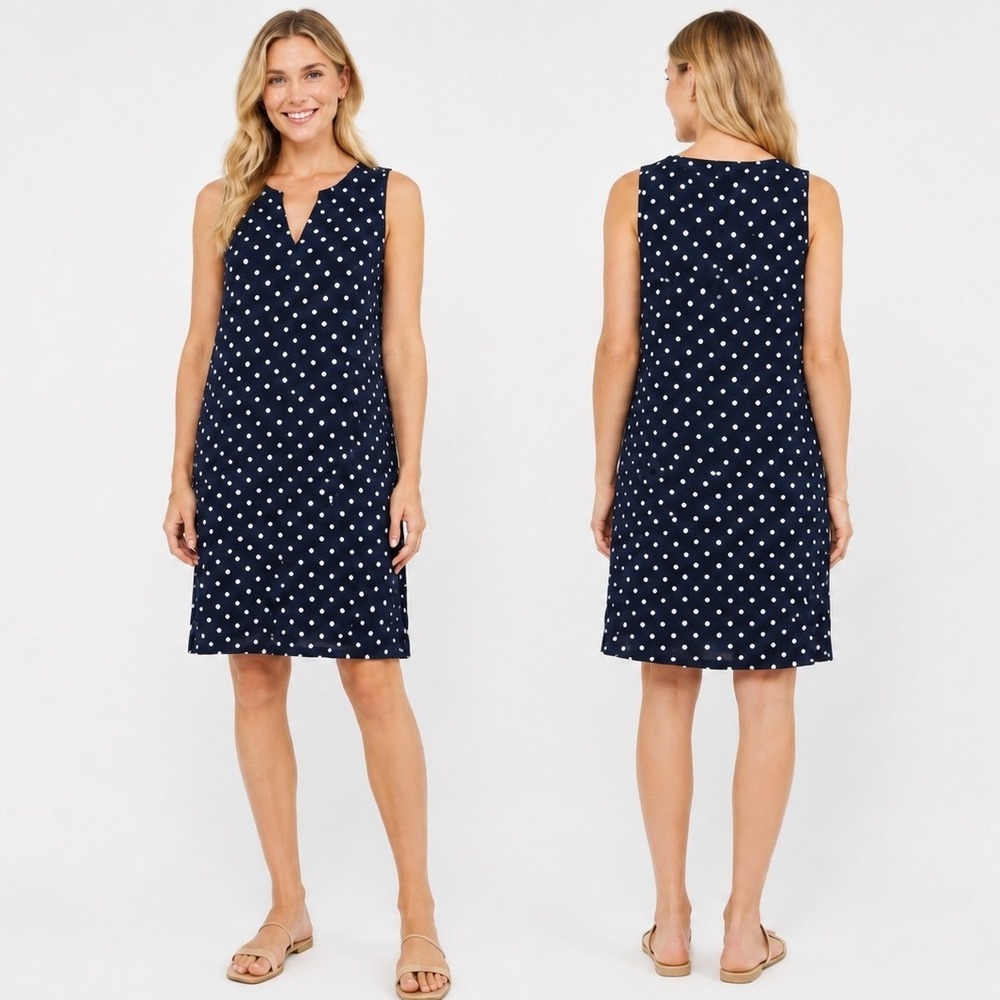 Navy Blue Polka Dot Shift Dress Medium Sleeveless Cotton Pockets Preppy Modest